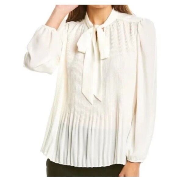Nanette Lepore Top Women's Medium Cream Pleated Blouse Tie Long Sleeve Sheer - Picture 1 of 6